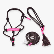 Hobby Horse Rope set Noir Cocoa by LarDen laid out on white: dark brown rope halter, tasselled neck ring and reins with pink wraps