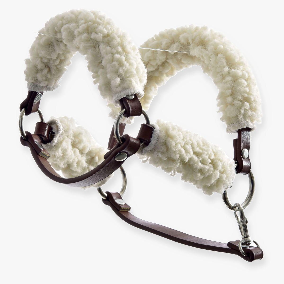 LarDen Hobby Horse Brown halter with complete fur - leatherette, fluffy cream fur on the crown and noseband, silver rings