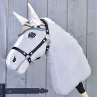 Light grey Hobby Horse in a black halter wearing the beige check ear bonnet with cream ear covers