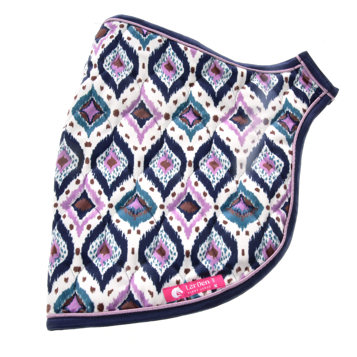The Indian blanket laid flat from the side, navy binding with lilac piping and a pink LarDen label on the lower edge