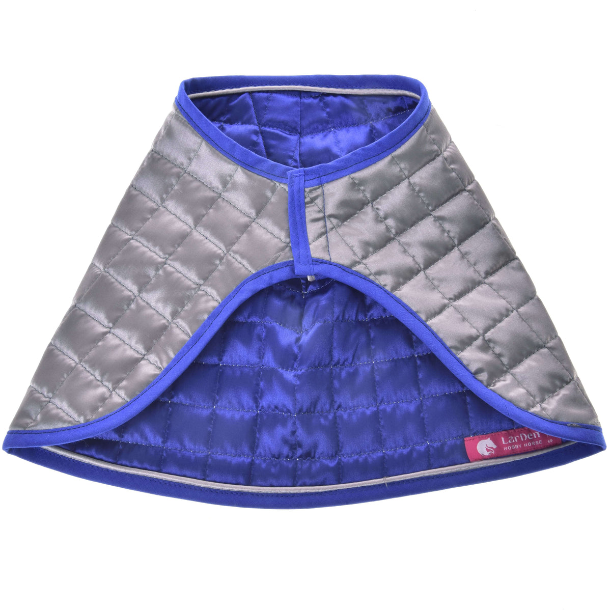 Hobby Horse Blanket DeLuxe Blue turned silver-grey side out, diamond quilting, royal blue binding, blue inside showing