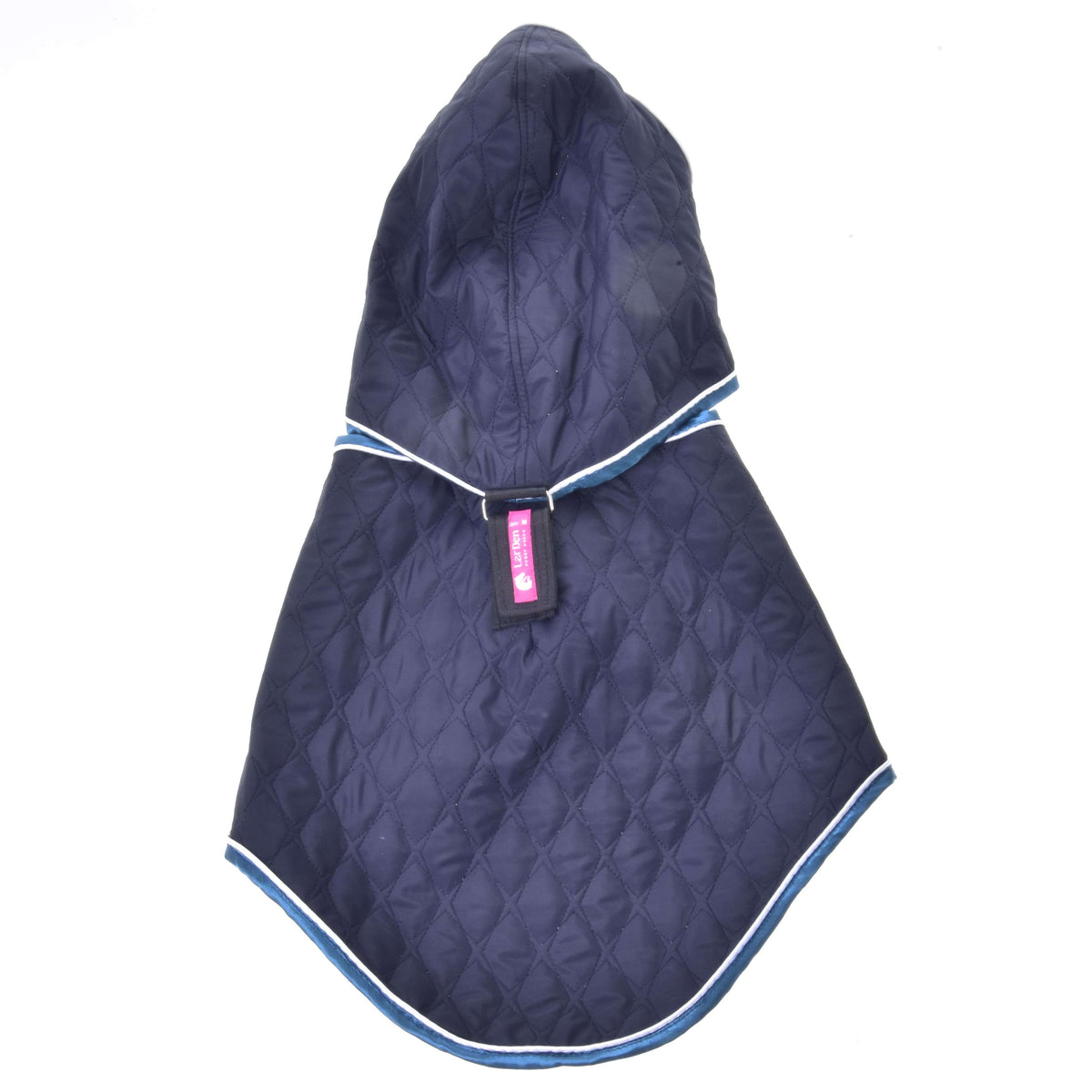 Outer side of the navy quilted Hobby Horse blanket with neck cover laid flat, with blue and white trim