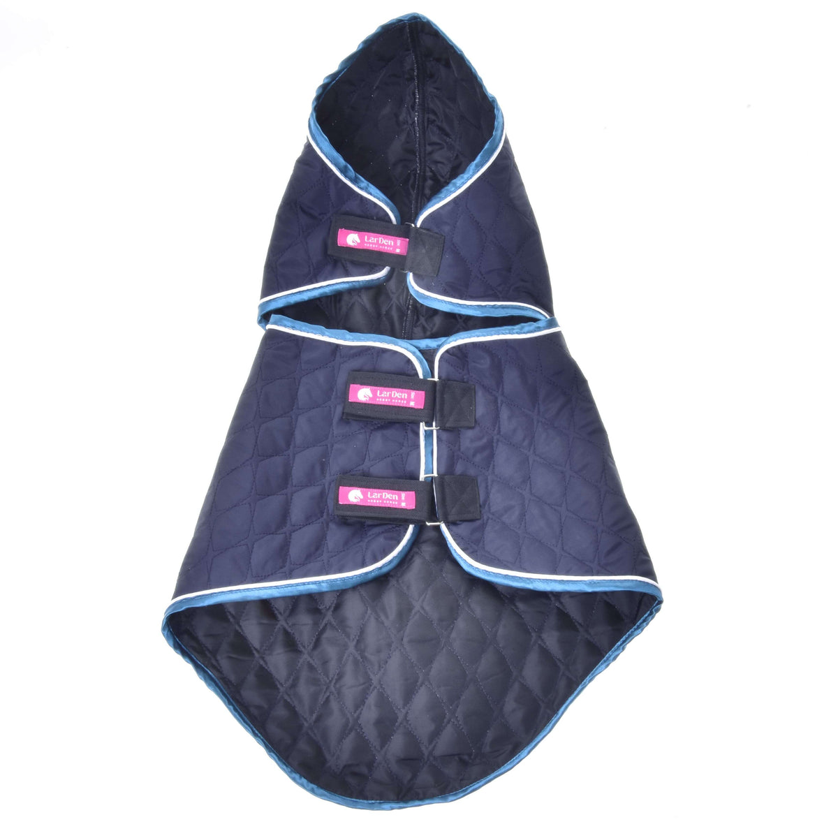 Hobby Horse blanket with neck cover laid flat, navy quilted lining showing and three LarDen Velcro straps fastened