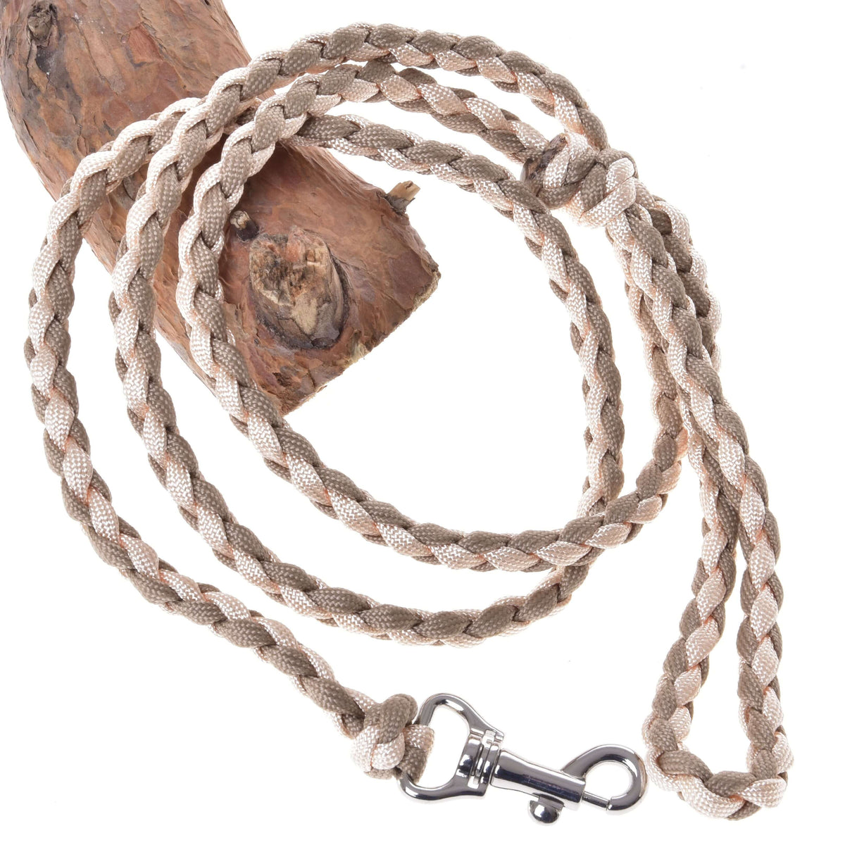 Hobby Horse Knitted Lead Rope Double Latte by LarDen, braided cream and light brown cord with silver snap hook