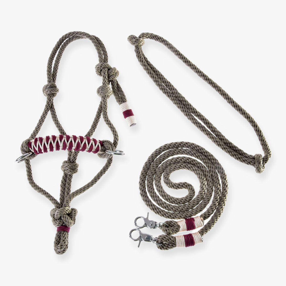 Hobby Horse Rope set Eleganza by LarDen: taupe rope halter with a burgundy and cream noseband, cordeo and reins