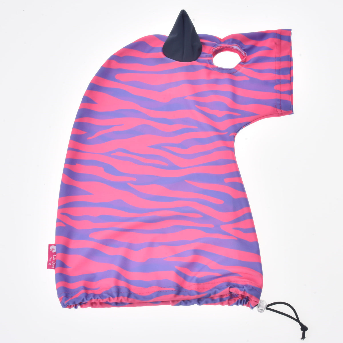 Hobby Horse protective suit Fancy laid flat, pink and purple zebra print with a navy ear, eye opening and drawstring hem