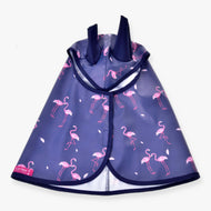 Hobby Horse Raincoat Flamingo by LarDen opened out from above, blue-violet with pink flamingos, navy ears and navy binding