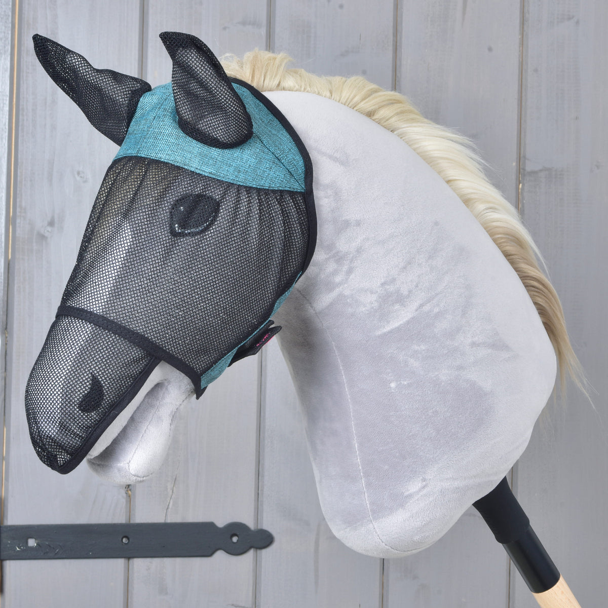 Hobby Horse Fly Mask De Luxe Full Turquoise by LarDen on a grey head, black mesh down to the nose with turquoise panels