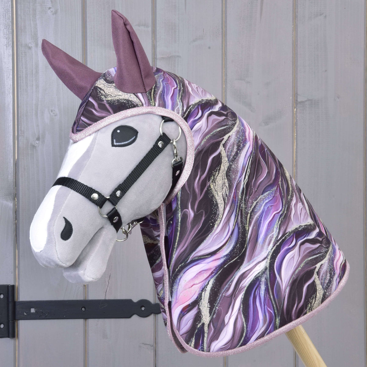 Grey Hobby Horse with black halter in the Raincoat Galaxy Space, purple and pink marble swirls with plum ears