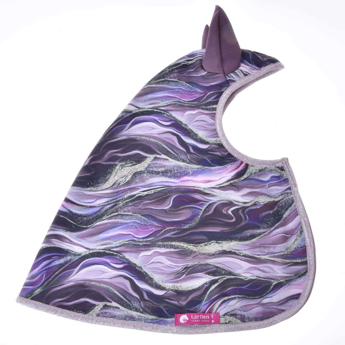 Hobby Horse Raincoat Galaxy Space laid flat on white, purple marble waves with silver glitter, plum ears and LarDen label