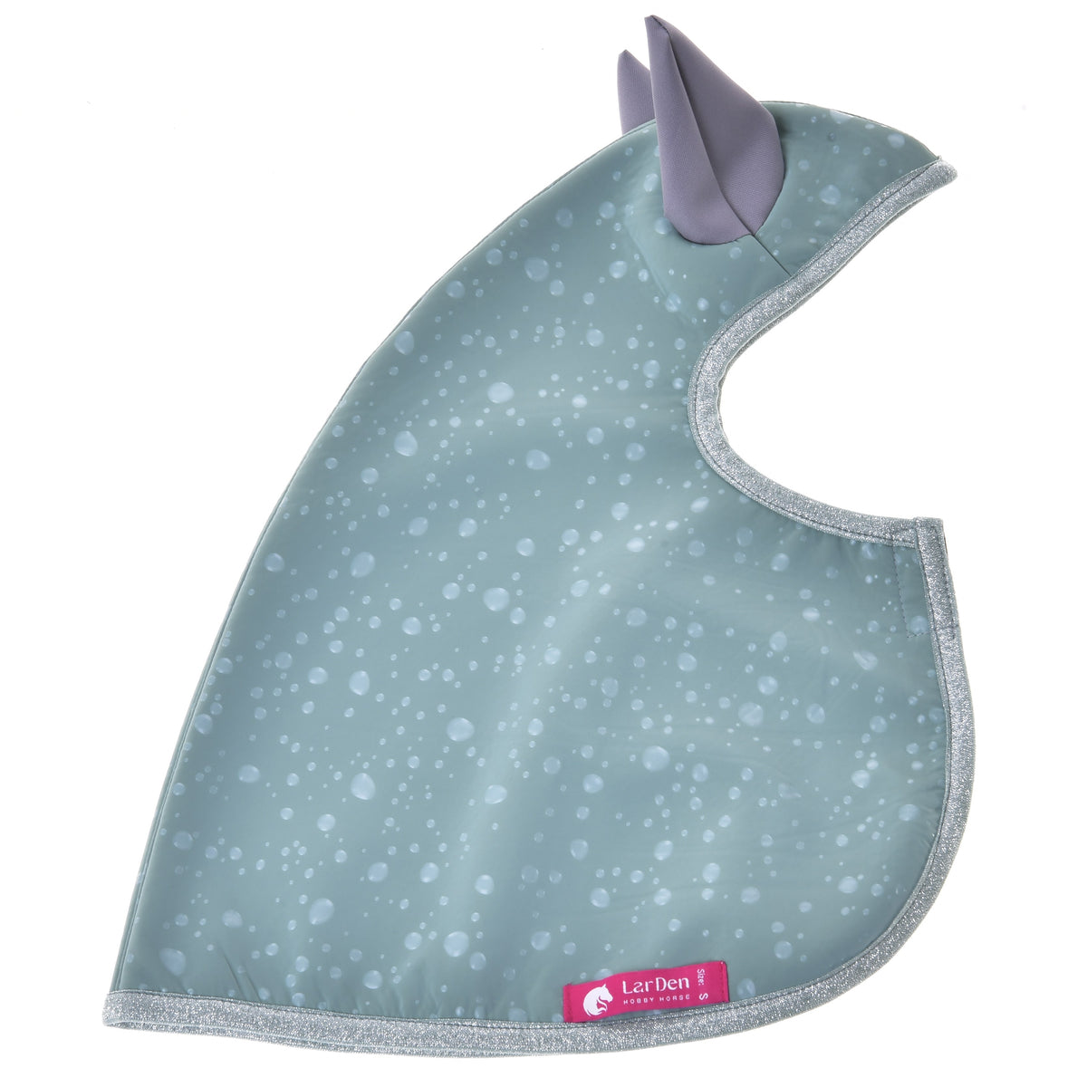 Imperméable Greeny pour Hobby Horse à plat, motif de gouttes, oreilles grises, bordure argent pailletée et étiquette LarDen rose