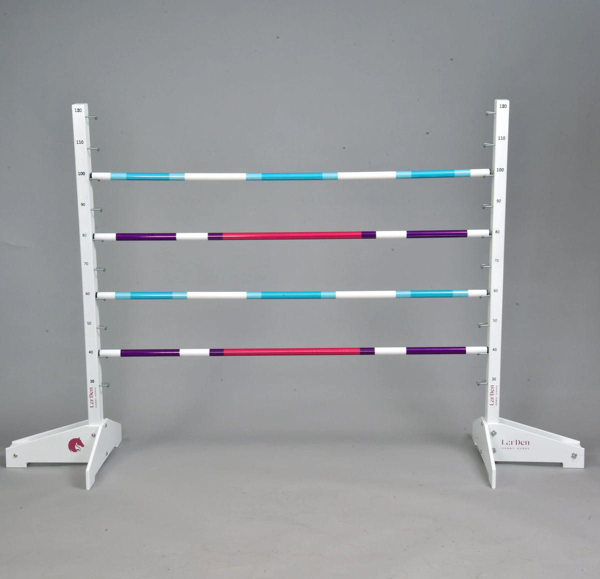 Jump with four poles in alternating colours, turquoise and white then purple and pink, stacked between white wings
