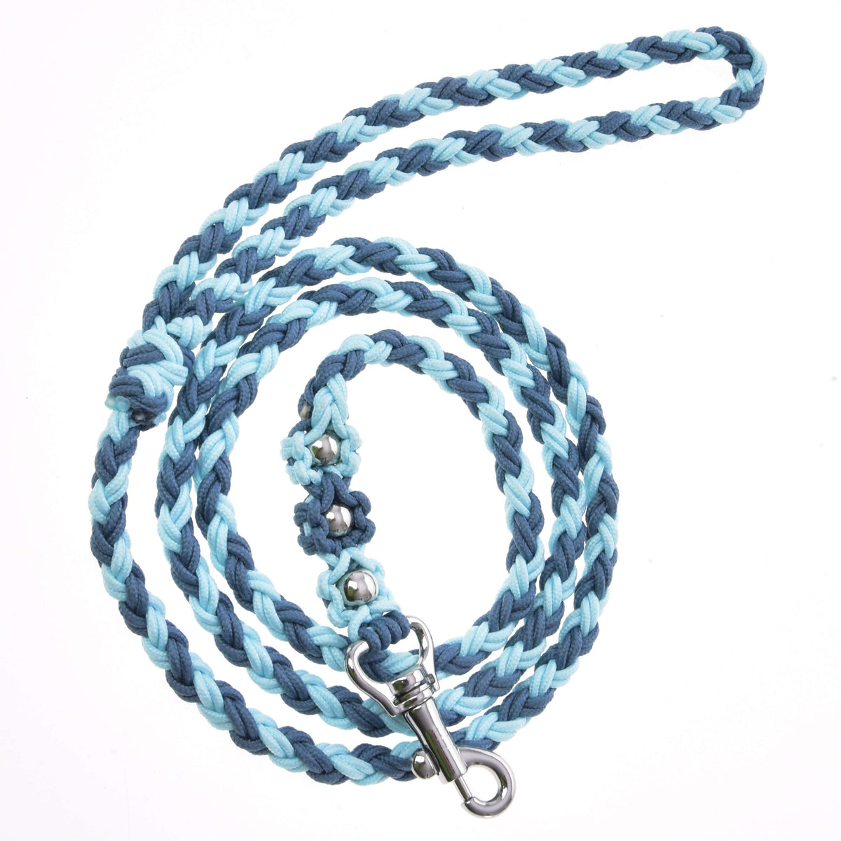 Longe Bloom Blue pour Hobby Horse de LarDen, tressée bleu foncé et bleu clair, avec fleurs nouées, perles argentées et mousqueton