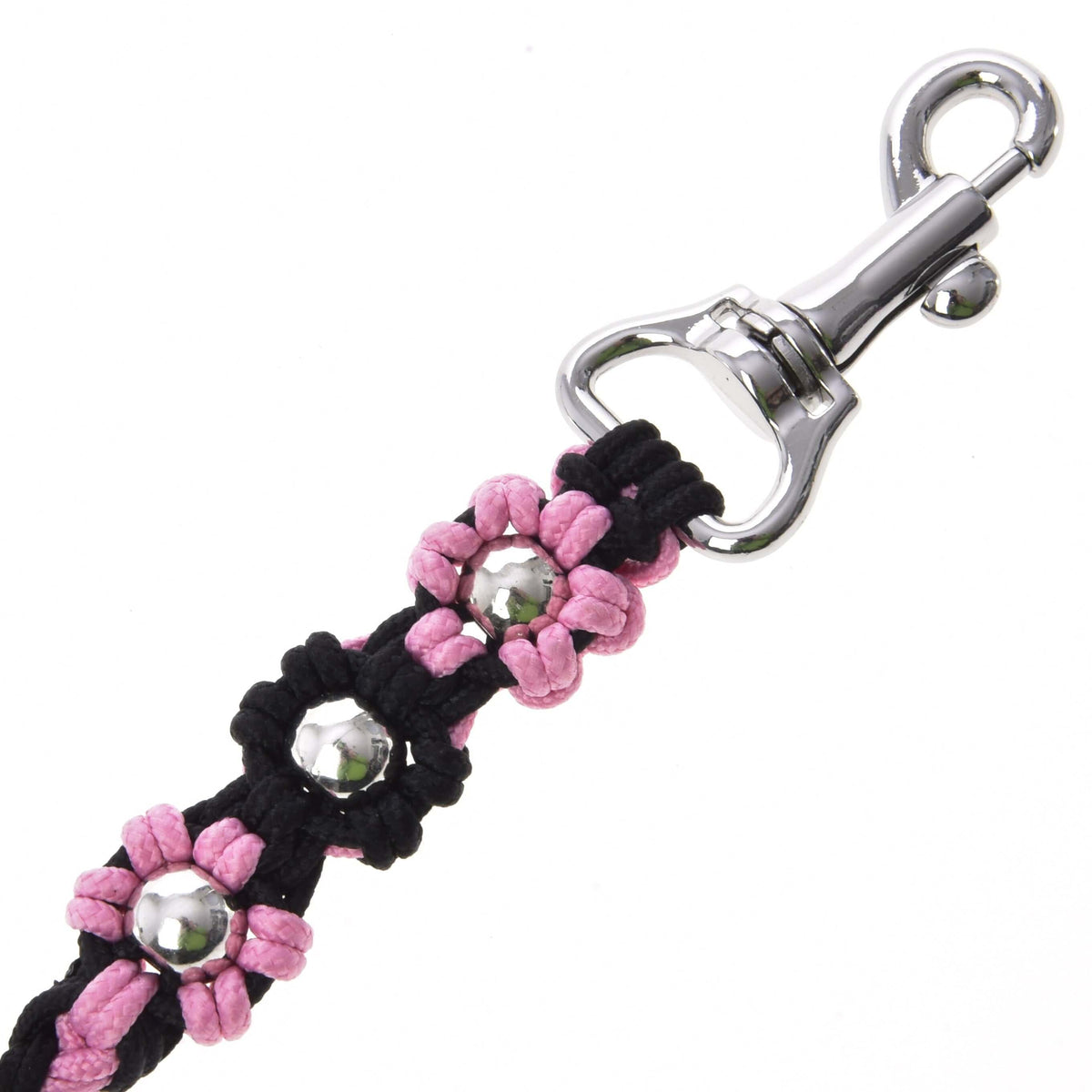 Fleurs nouées roses et noires à perles argentées près du mousqueton pivotant de la longe Bloom Pink pour Hobby Horse