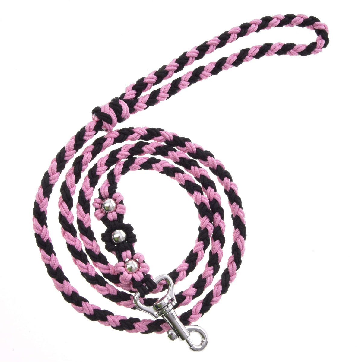 Longe Bloom Pink pour Hobby Horse de LarDen, tressée rose et noir, avec trois fleurs nouées, perles argentées et mousqueton