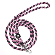 Hobby Horse halstertouw Bloom Pink van LarDen, roze-zwart gevlochten met drie geknoopte bloemetjes, zilveren kralen en karabijnhaak