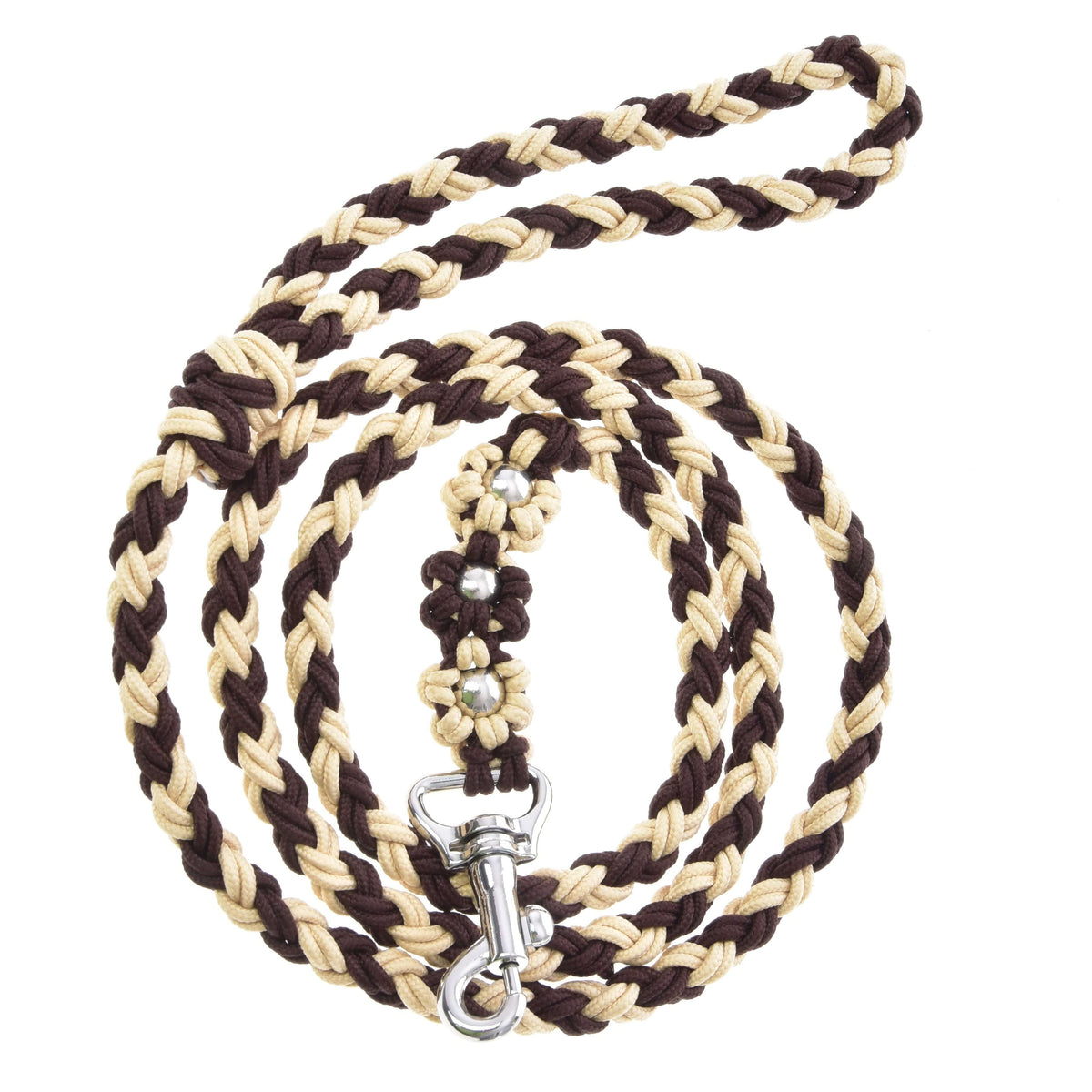 Hobby Horse Lead Rope Bloom Brown by LarDen, braided in dark brown and beige with knotted flowers and a snap hook