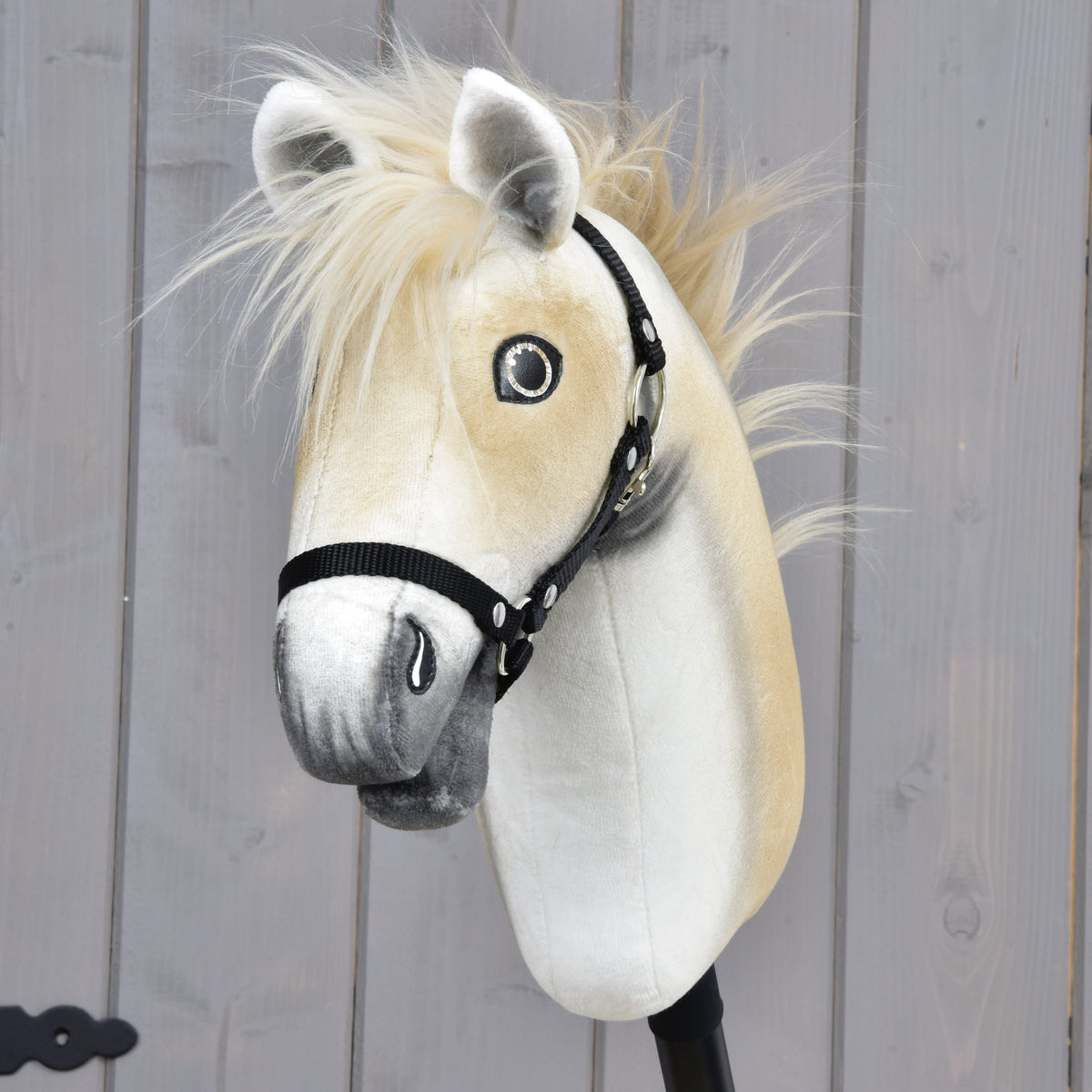 Hobby Horse Honey Pearl de face, toupet blond en fausse fourrure entre les oreilles et licol noir en sangle