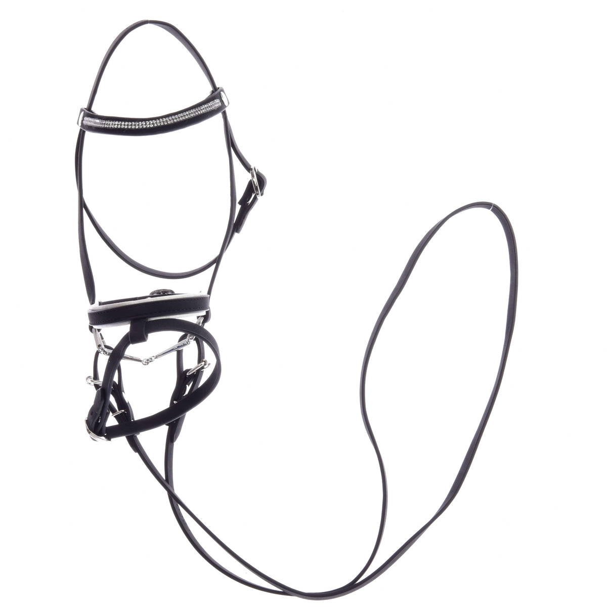 The whole De Luxe bridle laid out on white: rhinestone browband, white-piped noseband, metal bit and long black reins