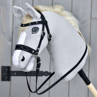 Hobby Horse Complete bitless bridle, decorated, by LarDen on a grey plush head: white stitched noseband, studded browband