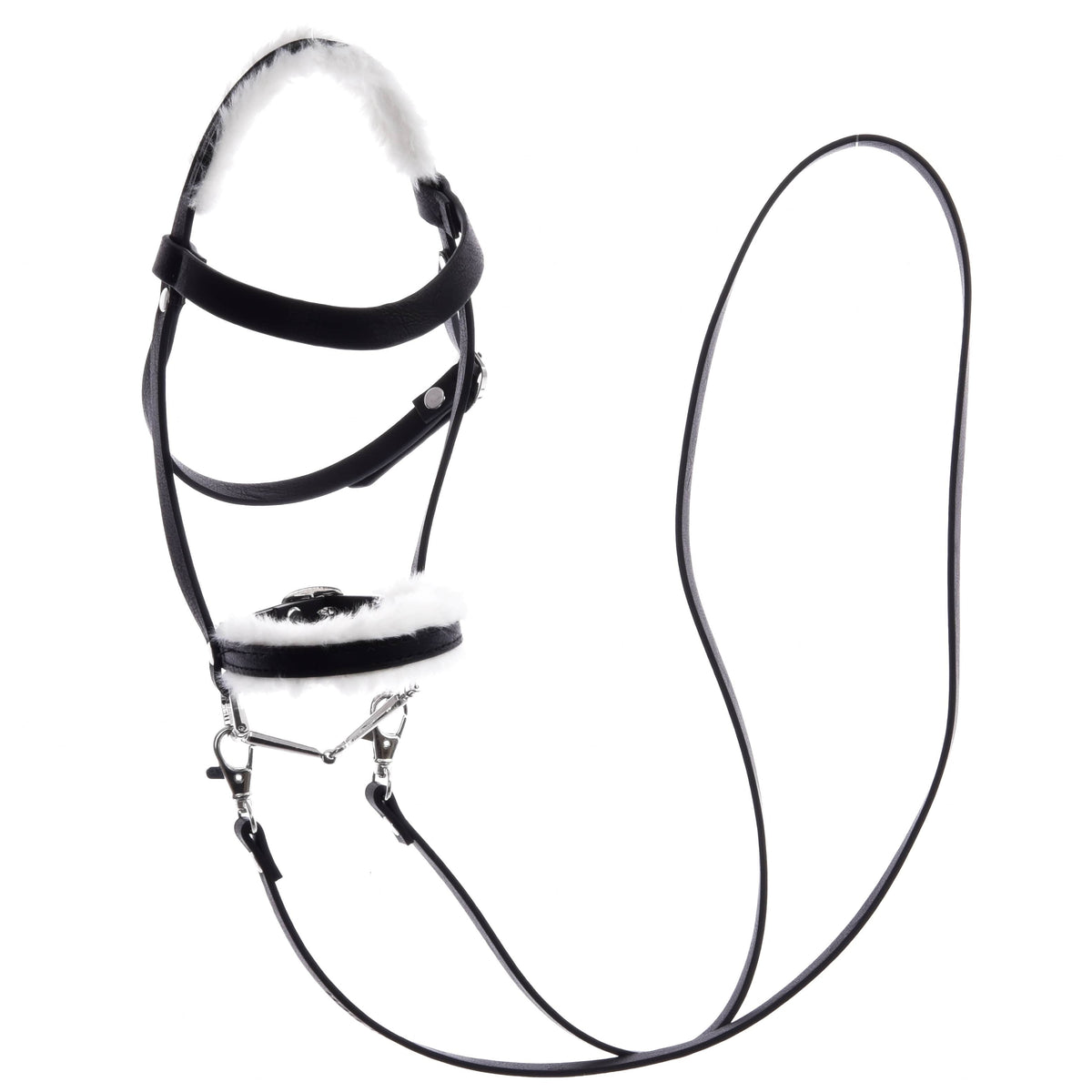 The bridle with fur laid out on white: black leatherette straps, white fur on crownpiece and noseband, reins with snap hooks