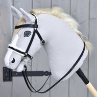 Hobby Horse Complete bridle with fur by LarDen, black with a white fur noseband and reins, on a grey plush head