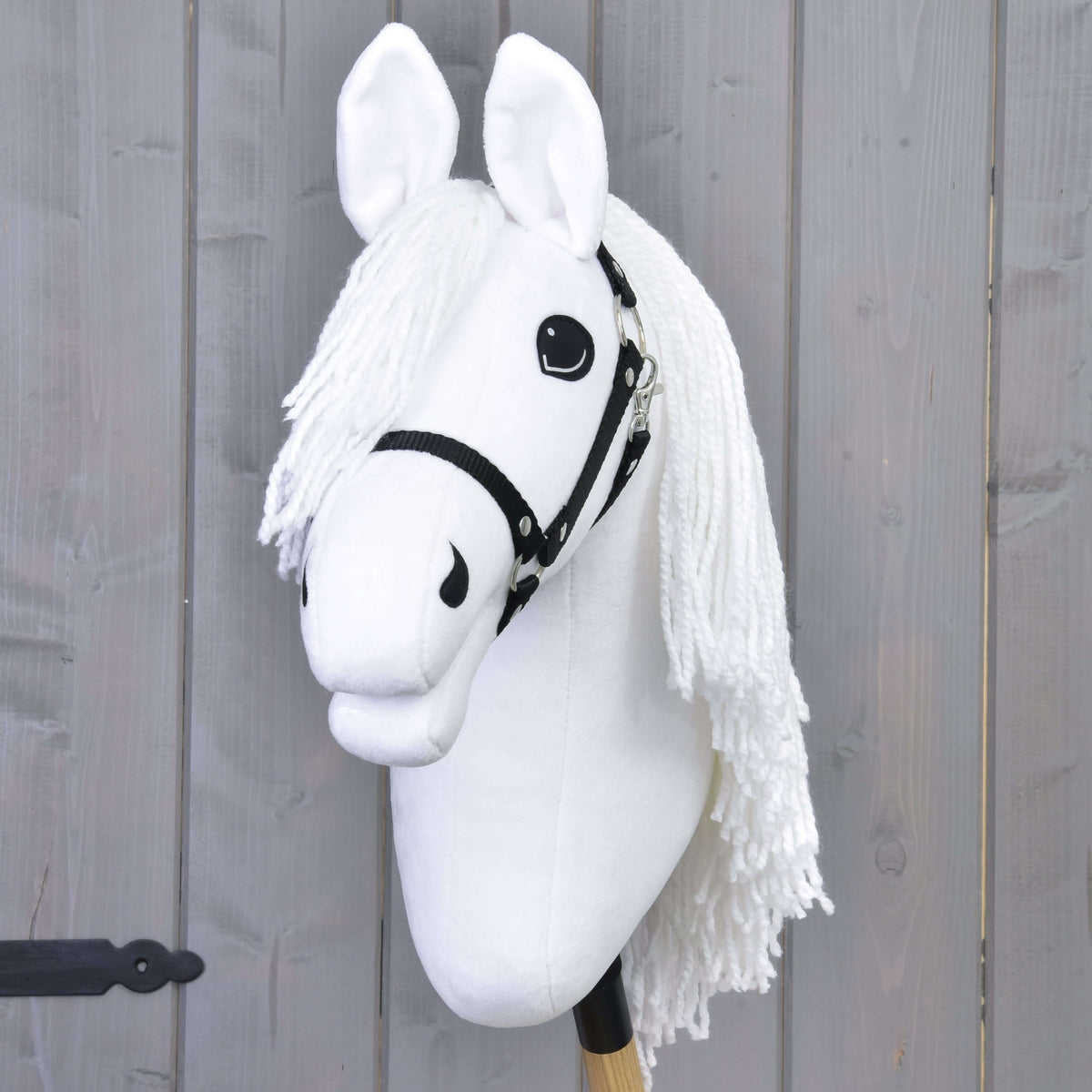 Hobby Horse blanc vu de face avec toupet blanc en fil, yeux noirs et licol noir