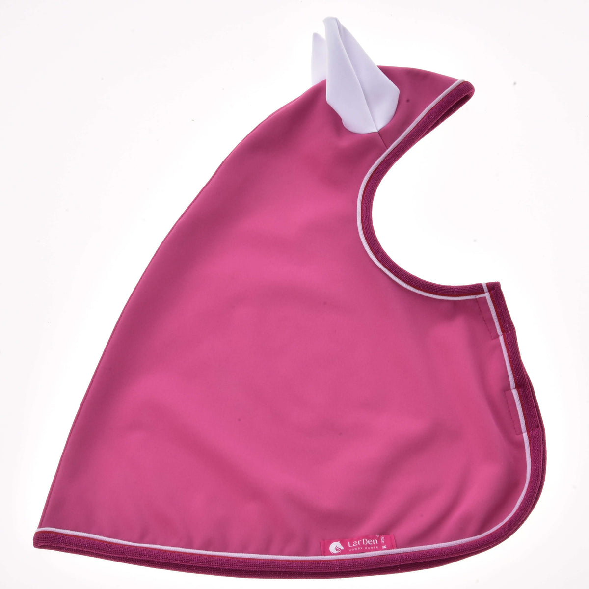 Hobby Horse Regenjas LarDen plat neergelegd: frambozenroze stof met wit oor, witte bies, glinsterende rand en roze label