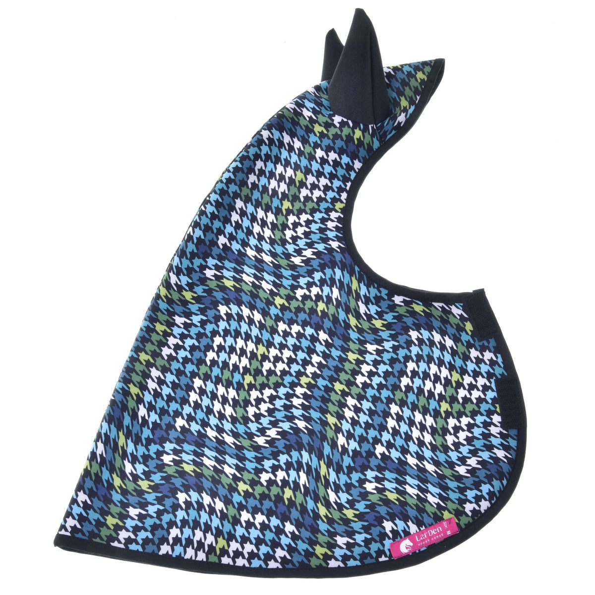 Imperméable Lara pour Hobby Horse à plat sur fond blanc : pied-de-poule, oreilles noires, bordure noire et étiquette rose LarDen