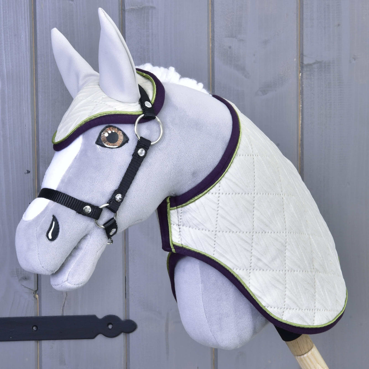 Hobby Horse gris aux yeux ambre avec licol noir portant l’ensemble Leonardo, matelassage ivoire bordé de violet et de vert