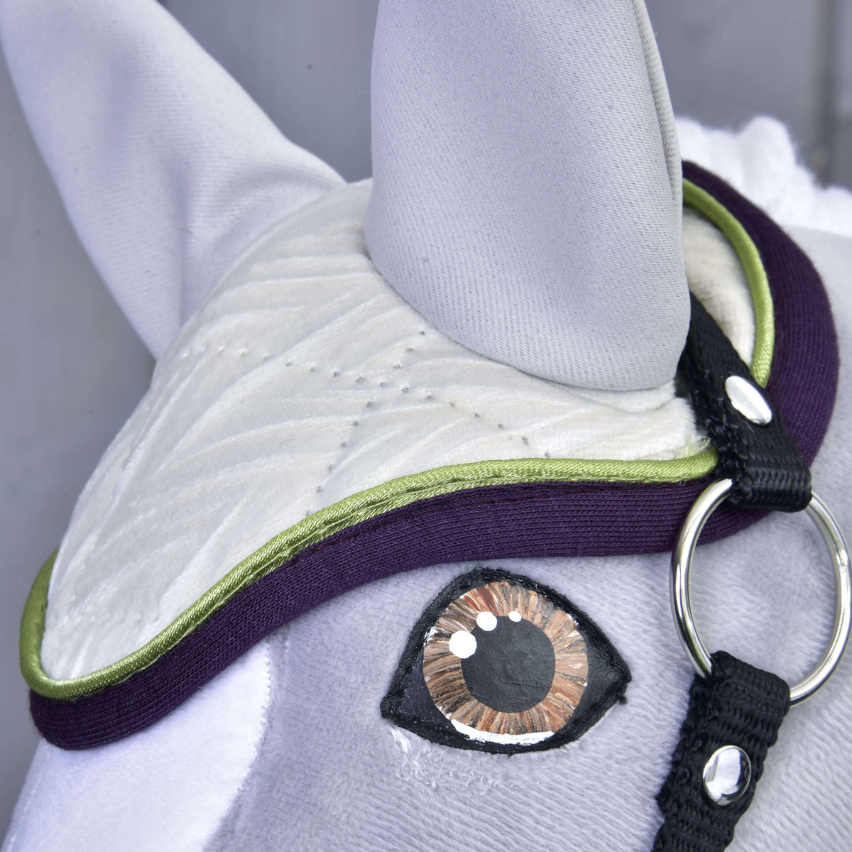 Détail du passepoil vert citron et de la bordure aubergine du bonnet d’oreilles ivoire, juste au-dessus de l’œil ambre d’un Hobby Horse gris