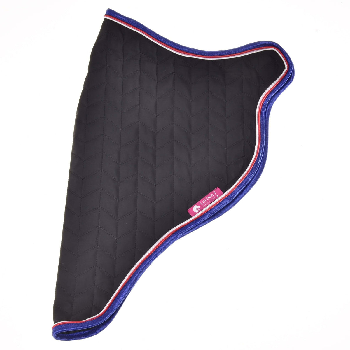 Couverture de voyage posée à plat, encolure en haut, piqûres en chevrons noires, bordure tricolore et étiquette LarDen rose