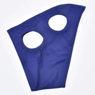 Marineblauw paardenmasker zonder oren voor Hobby Horses plat neergelegd, met ronde gestikte openingen voor oog en oor