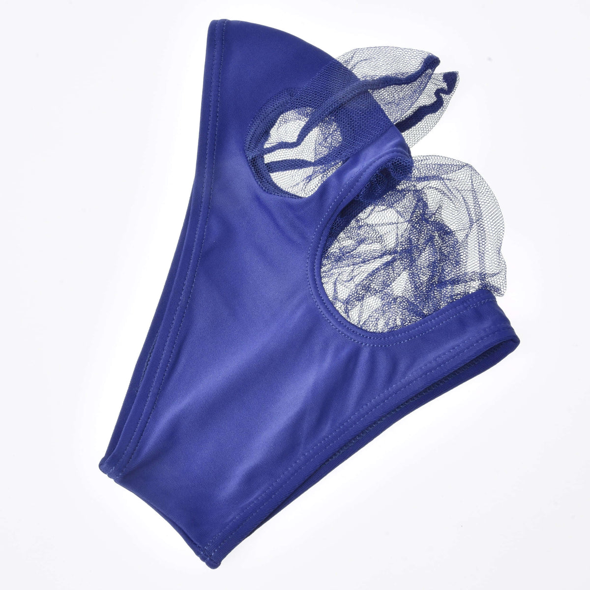 Royal blue fly mask laid flat from the other side, net ear covers and eye covers puffed out over the openings