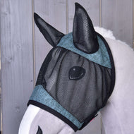 Hobby Horse Fly Mask De Luxe Turquoise up close from the side: black mesh ears, eye net and turquoise trim