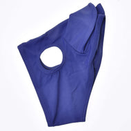 Marineblauw paardenmasker met oren voor Hobby Horses op een witte achtergrond, met één oogopening en een ingenaaid oor