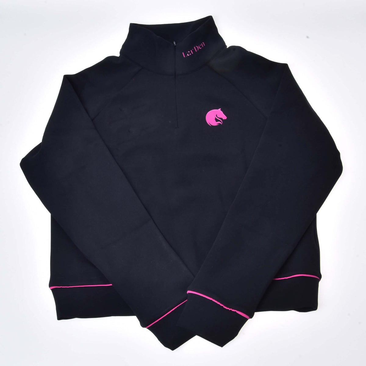 Zwarte Hobby Horse LarDen sweatshirt met korte rits, roze paardenhoofdlogo en roze biesjes aan manchetten en zoom