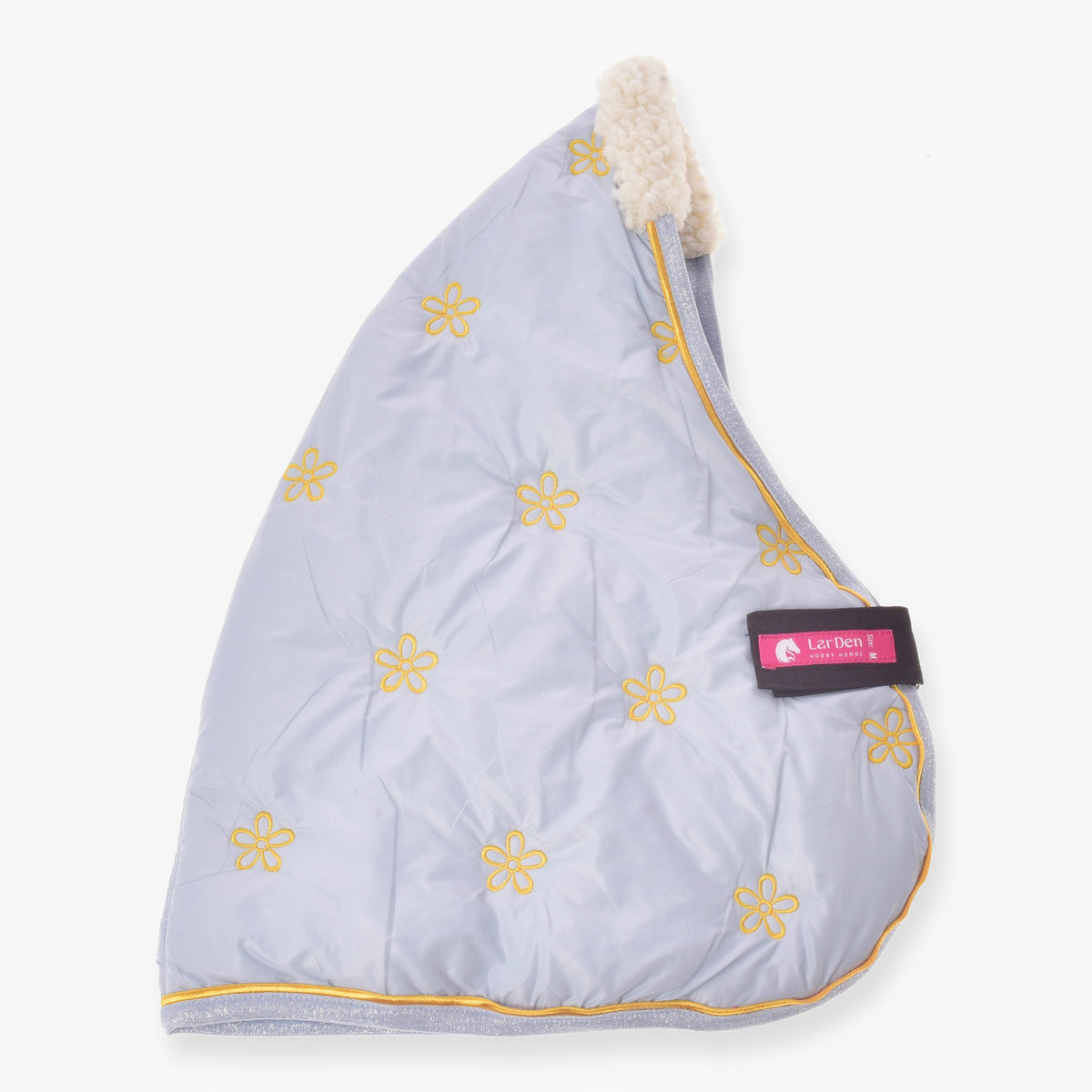 Couverture d'écurie Misty de LarDen pour Hobby Horse bleu pâle à fleurs jaunes brodées, passepoil jaune et col en polaire