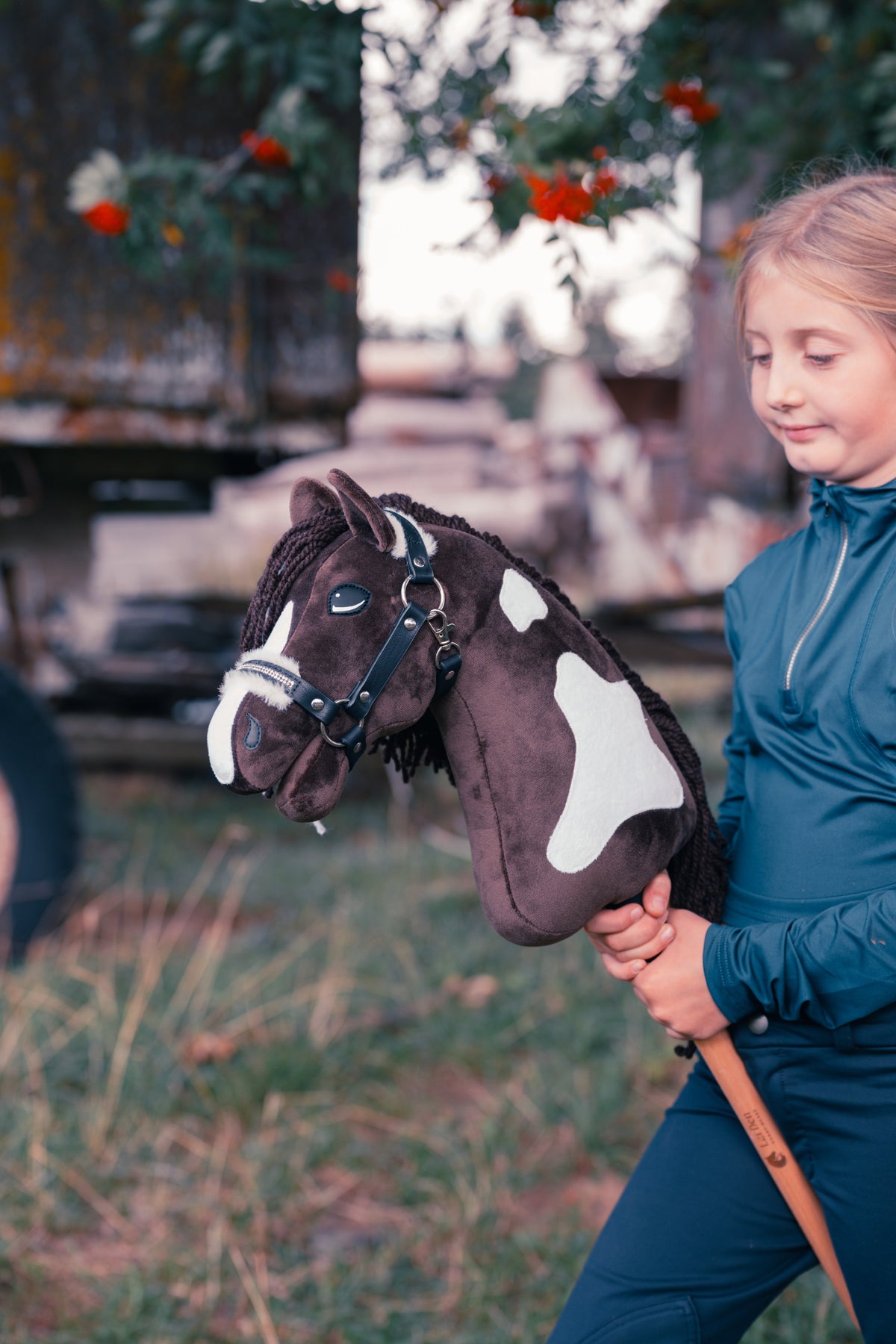 Smiling girl looks down at Hobby Horse Monte with Black Halter in a meadow, white patches on its brown neck, old wagon behind