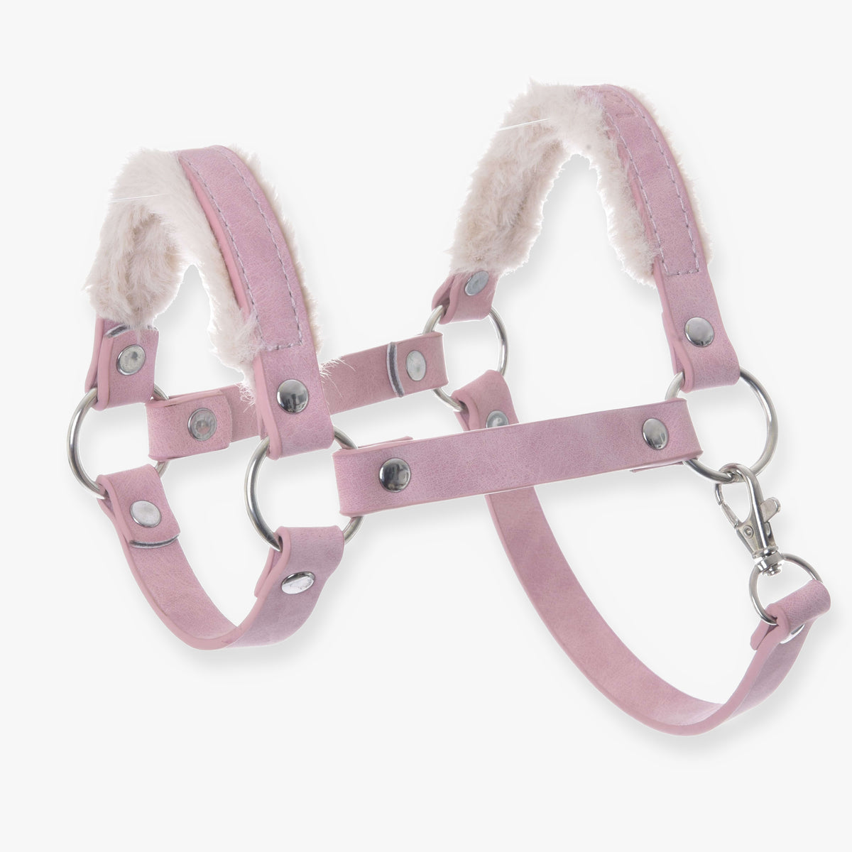 Licol avec fourrure - similicuir Mulberry de LarDen pour Hobby Horse, licol vieux rose garni de fourrure crème, anneaux argentés