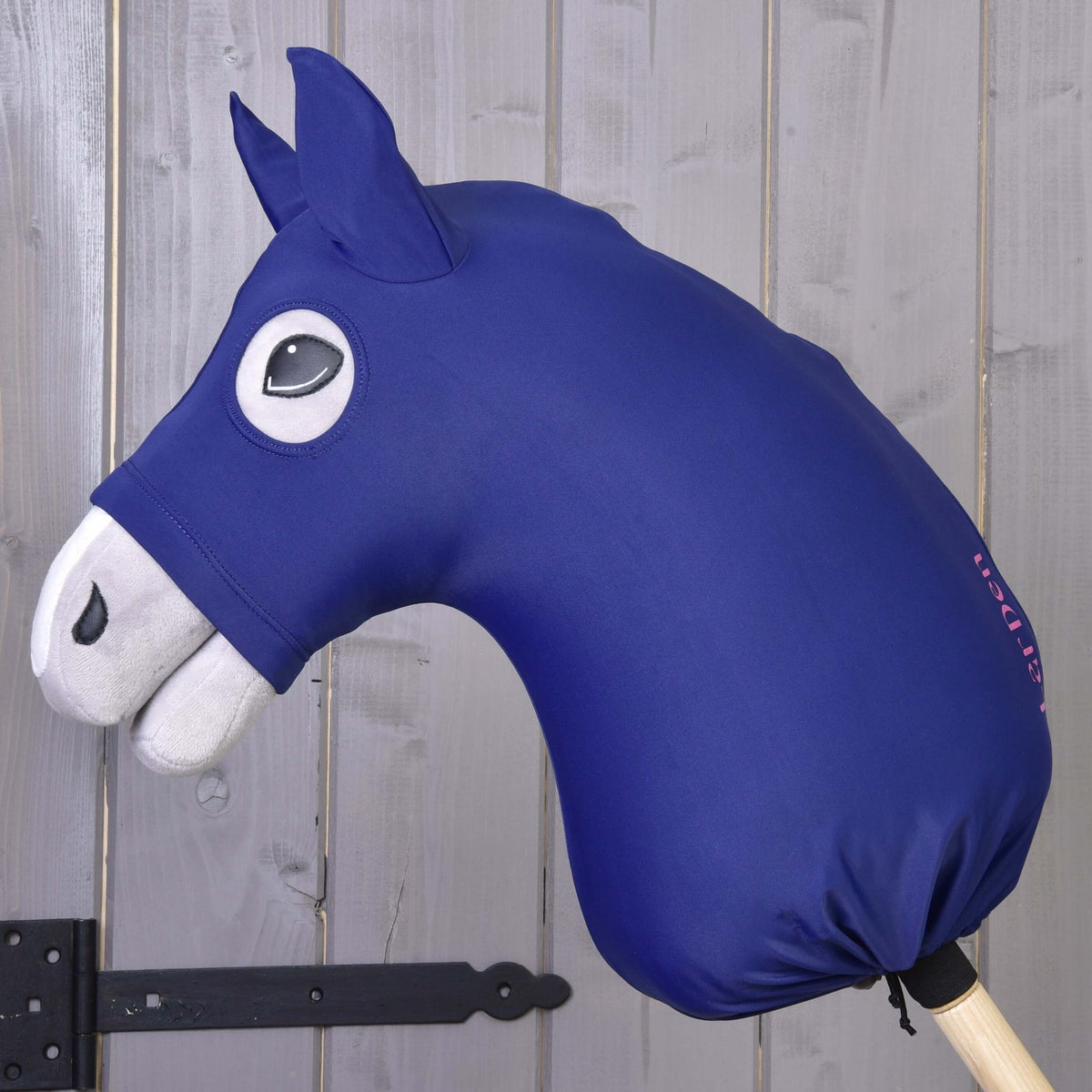Hobby Horse protective suit LarDen in navy lycra covering a grey plush head and neck, with ears and eye openings