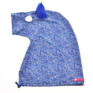 Protective suit laid flat in blue dash print with royal blue ears, an eye opening and a drawstring at the neck