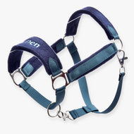 Hobby Horse Fur Halter LarDen Blue with navy fleece padding, teal webbing straps, silver rings and a snap hook