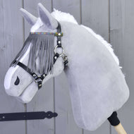 Grey plush Hobby Horse wearing the Halter black with grey fringes by LarDen, fringes falling over its eyes