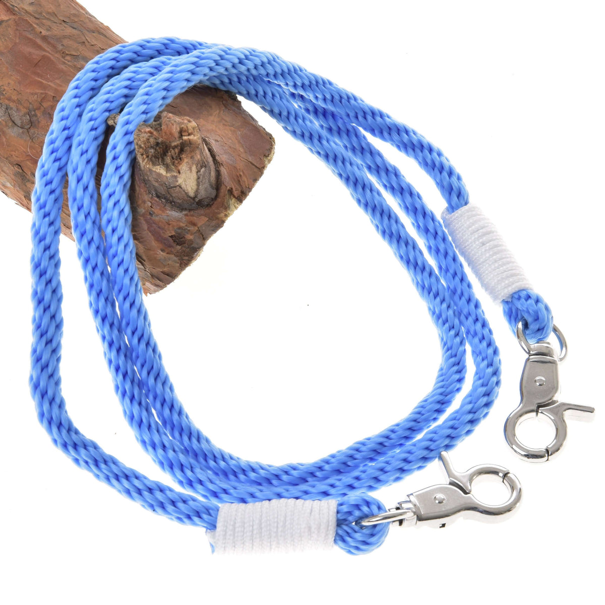 Hobby Horse Reins Sky by LarDen, light blue braided rope with white wrapped ends and silver snap clips