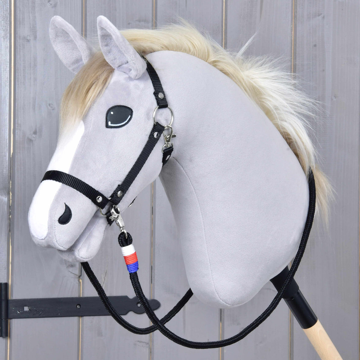 Teugels Emblem CZ op een grijze Hobby Horse met lichte manen en zwarte halster, de wit-rood-blauwe omwikkeling onder de kin