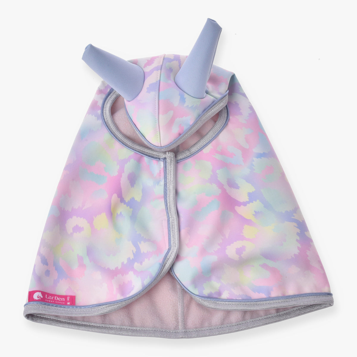 Hobby Horse Raincoat Pallette (softshell) by LarDen from above, pastel leopard print with periwinkle ears and a pink lining