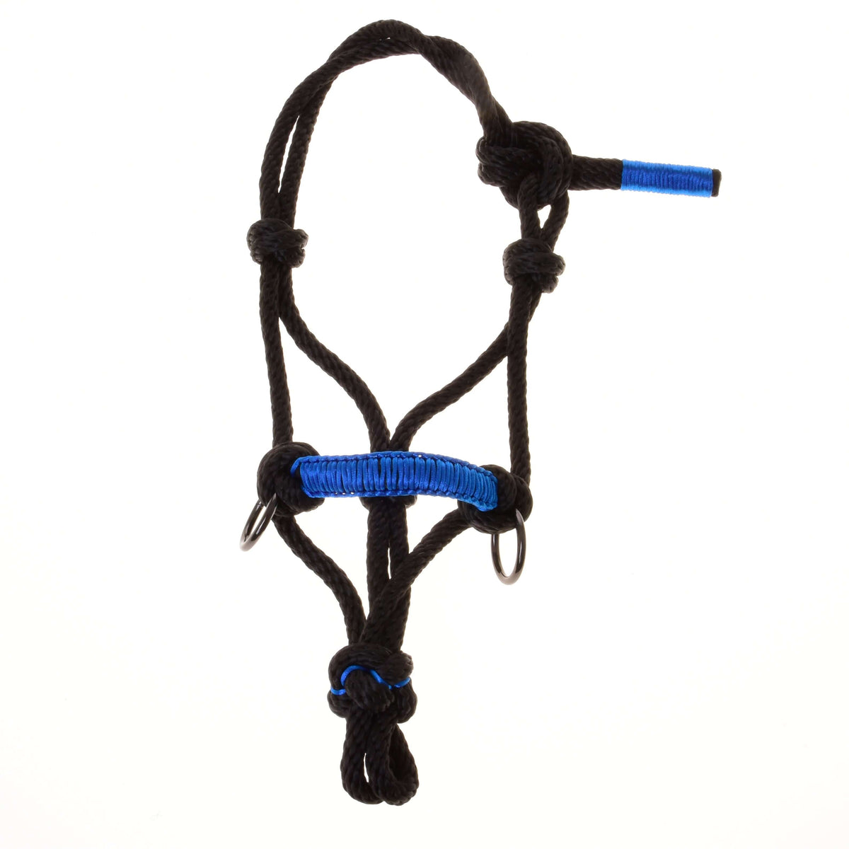 Vooraanzicht van de zwarte touwhalster voor Hobby Horse met knopen, blauw omwikkelde neusriem en blauw uiteinde