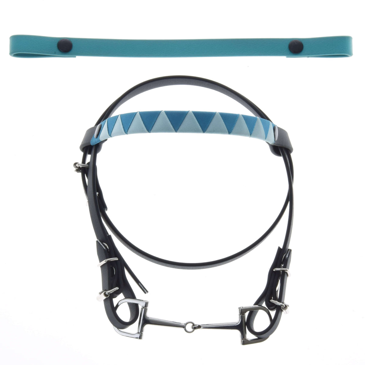 Bride noire pour Hobby Horse avec mors et bandeau turquoise à triangles, plus un second bandeau turquoise uni à boutons-pression