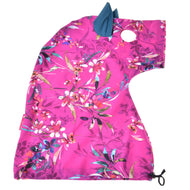 Pink Beauty protective suit laid flat from the side, magenta floral Lycra with a teal ear, eye opening and drawstring
